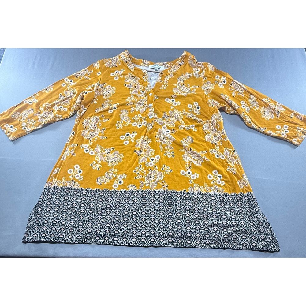Rose + Olive 1X Mustard Yellow Floral Tunic Top Women’s 3/4 Sleeve Boho